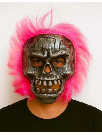 Wild Skull - Gümüş Kafatası Pembe Saçlı İskelet Maske
