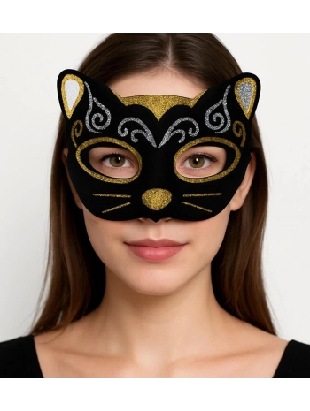 Kadife Dokulu Sim Detaylı Işıltılı Kedi Maskesi Altın Gümüş 20x13 Cm
