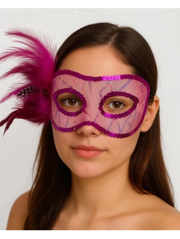 Fuşya Renk Yandan Tüylü Pul Payet İşlemeli Parti Maskesi 23x12 Cm