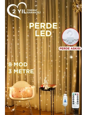 Lw-7 300 Ledli 10 Sarkıt Perde Led Işık, 8 Modlu Uzaktan Kumandalı, 3x3 Metre Peri Telli Led