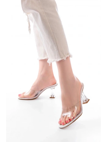 S-619 Beyaz Rugan Şeffaf Bantlı Şeffaf Topuklu Yuvarlak Burunlu Kadın Terlik
