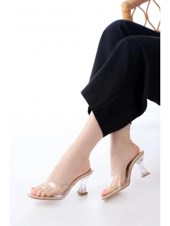 S-619 Bej Rugan Şeffaf Bantlı Şeffaf Topuklu Yuvarlak Burunlu Kadın Terlik