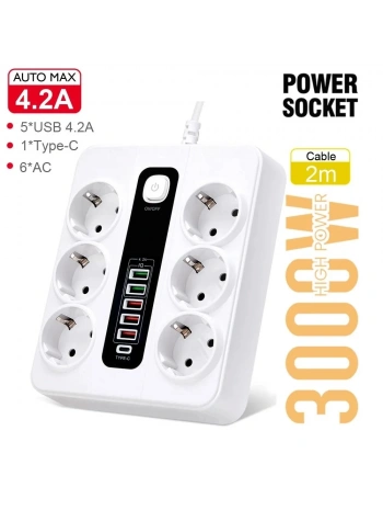 Hp-h04 3000w 10amper 6’lı 2metre Uzatma Kablolu Çoklu Termal Akım Priz