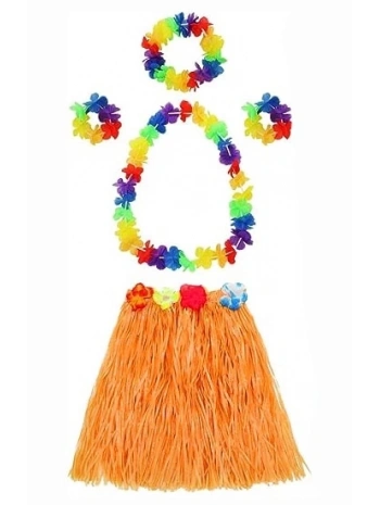 Yetişkin Ve Çocuk Uyumlu Luau Aloha Hawaii Turuncu Etek Ve Renkli Kolye Taç 2 Adet Bileklik Seti