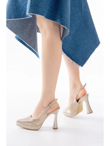 B-2101 Gold Günlük Arkası Açık Yılan Desenli Topuklu Bayan Ayakkabı