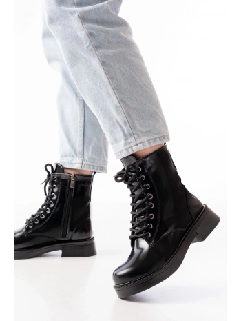 02-356 Siyah Rugan Düz Topuklu Bağcıklı Fermuarlı Günlük Kadın Bot