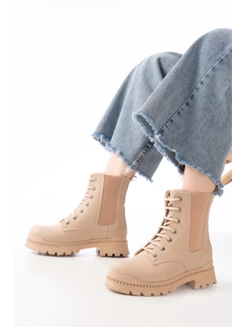 2051-298 Bej Düz Topuklu Bağcıklı Lastikli Günlük Kadın Bot