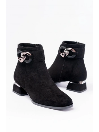RM-504 Siyah Süet Toka Aksesuarlı Topuklu Fermuarlı Günlük Kadın Bot
