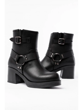 5109-3042 Siyah Toka Aksesuarlı Fermuarlı Kalın Topuklu Günlük Kadın Bot