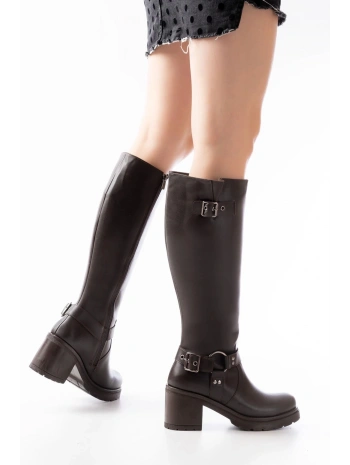 767-3005 Kahverengi Toka Aksesuarlı Fermuarlı Günlük Kalın Topuklu Kadın Bot