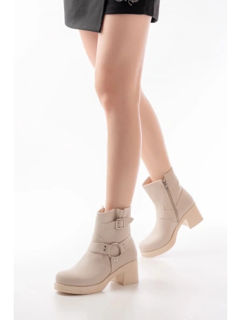 5109-3042 Bej Toka Aksesuarlı Fermuarlı Kalın Topuklu Günlük Kadın Bot