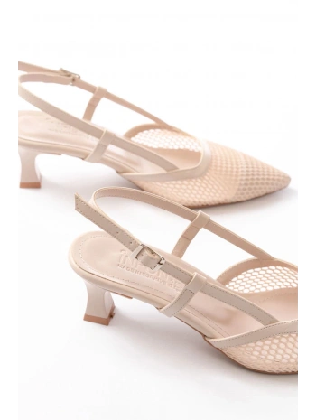 K-607 Bej Günlük Fileli Arkası Açık 7 cm Topuklu Bayan Ayakkabı