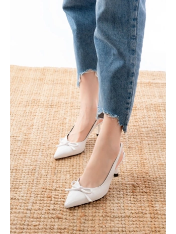 İNF-4500 Beyaz Rugan Günlük Arkası Açık Fiyonklu Topuklu Bayan Ayakkabı