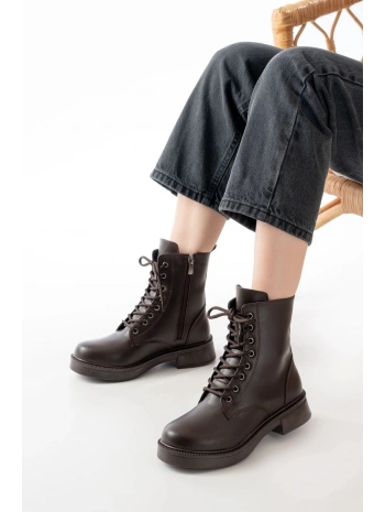 02-356 Kahve Düz Topuklu Bağcıklı Fermuarlı Günlük Kadın Bot