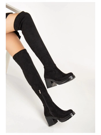 767-3010 Siyah Süet Streç Günlük Kalın Topuklu Kadın Çizme