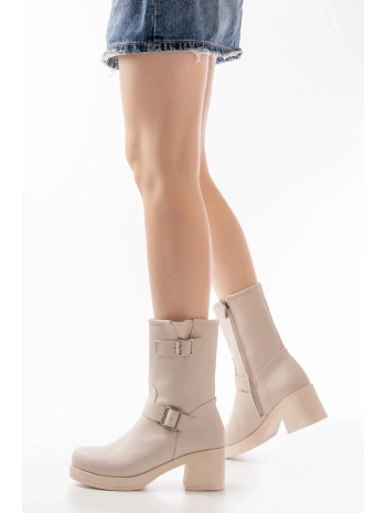 5109-3043 Bej Toka Aksesuarlı Fermuarlı Kalın Topuklu Günlük Kadın Bot