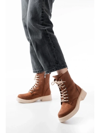 02-356 Taba Süet Düz Topuklu Bağcıklı Fermuarlı Günlük Kadın Bot