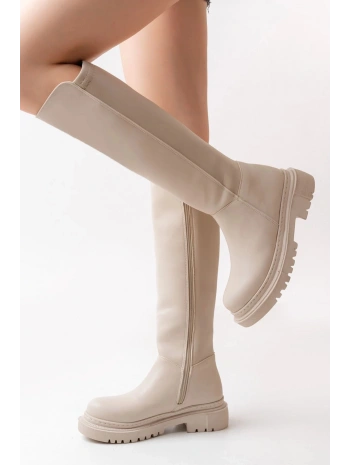 812-305 Bej Arkası Streç Fermuarlı Günlük Kadın Çizme