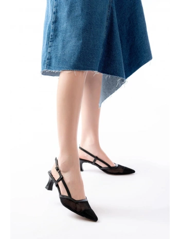 K-607 Siyah Günlük Fileli Arkası Açık 7 cm Topuklu Bayan Ayakkabı