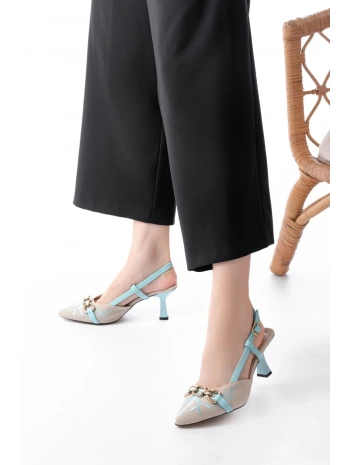 K-250 Mavi Keten Günlük Arkası Açık Tokalı Topuklu Kadın Ayakkabı