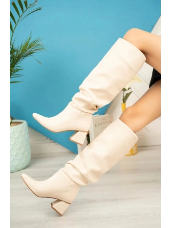 SYT-2002 Bej Körüklü Kalın Topuklu Günlük Bayan Çizme