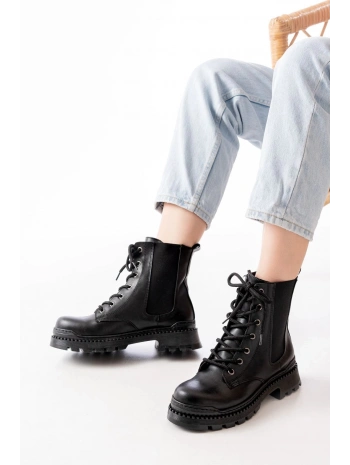 2051-298 Siyah Cilt Düz Topuklu Bağcıklı Lastikli Günlük Kadın Bot