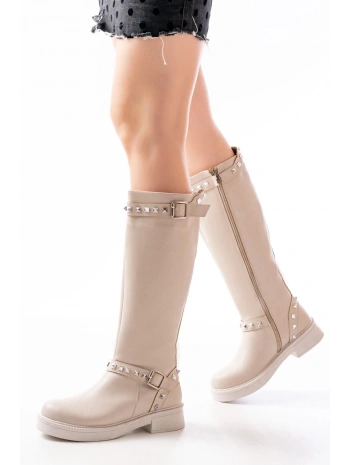 02-307 Bej Düz Topuklu Günlük Bayan Binici Çizme