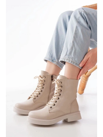 02-356 Bej Düz Topuklu Bağcıklı Fermuarlı Günlük Kadın Bot