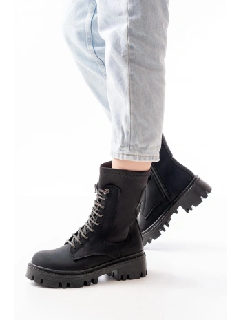 868-2006 Siyah Zümrüt Düz Topuklu Bağcıklı Fermuarlı Günlük Kadın Bot