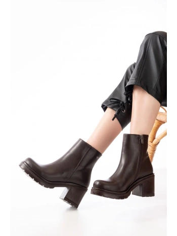 767-3020 Kahverengi Fermuarlı Kalın Topuklu Günlük Kadın Bot