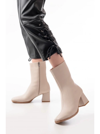 MSK-032 Bej Topuklu Fermuarlı Kadın Bot