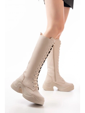 FZ-2450 Bej Yüksek Tabanlı Bağcıklı Fermuarlı Günlük Kadın Çizme