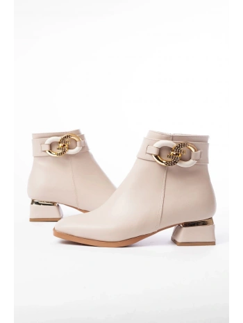 RM-504 Bej Toka Aksesuarlı Topuklu Fermuarlı Günlük Kadın Bot