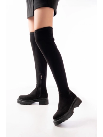 236-2194 Siyah Süet Streç Diz Üstü Fermuarlı Günlük Kadın Çizme