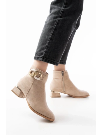 RM-504 Bej Süet Toka Aksesuarlı Topuklu Fermuarlı Günlük Kadın Bot