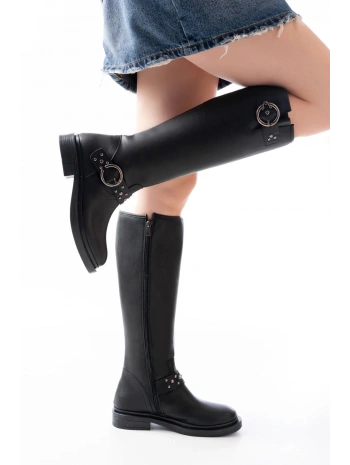 2024-3004 Siyah Toka Aksesuarlı Lastikli Fermuarlı Günlük Kadın Çizme