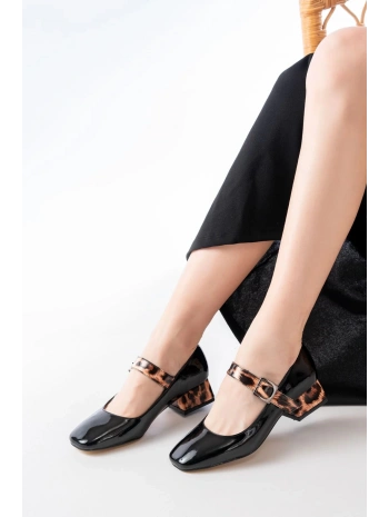 ST-006 Siyah Leopar Rugan Günlük 4 cm Topuklu Bayan Ayakkabı