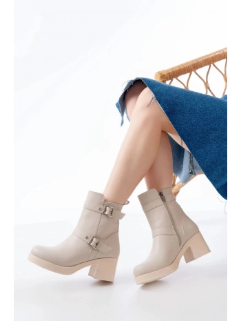 5109-3027 Bej Topuklu Fermuarlı Günlük Kadın Bot