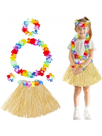 Yetişkin Çocuk Hawaii Parti Seti - 40 Cm Naturel Etek + Çiçek Aksesuarlar (5 Parça)