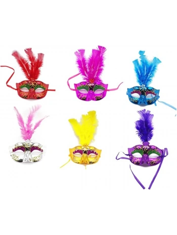 Renkli Tüylü Venedik Parti Maskesi Karışık Renk 12 Adet