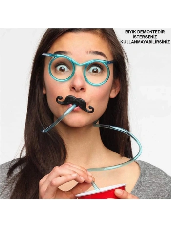 Pipetli Parti Gözlüğü - Çocuk Ve Yetişkin Bıyıklı Pipet Gözlük Mavi Renk 18x14 Cm