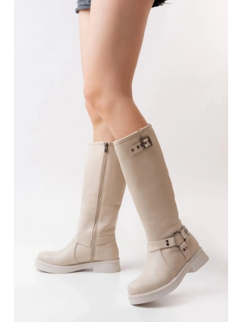 02-312 Bej Toka Aksesuarlı Fermuarlı Günlük Kadın Çizme