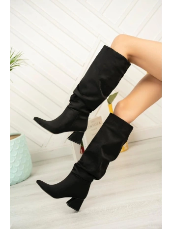 SYT-2002 Siyah Süet Körüklü Kalın Topuklu Günlük Bayan Çizme