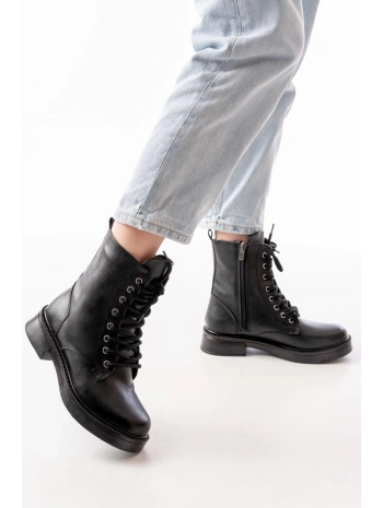 02-356 Siyah Düz Topuklu Bağcıklı Fermuarlı Günlük Kadın Bot