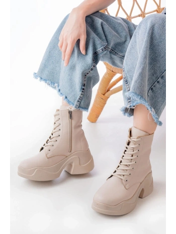 FZ-2550 Bej Yüksek Tabanlı Bağcıklı Fermuarlı Günlük Kadın Bot