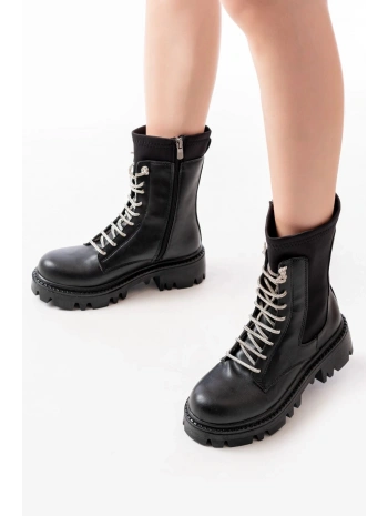 868-2006 Siyah Düz Topuklu Bağcıklı Fermuarlı Günlük Kadın Bot