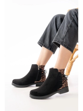 165-209 Siyah Leopar Arka Bağcık Aksesuarlı Fermuarlı Günlük Kadın Bot