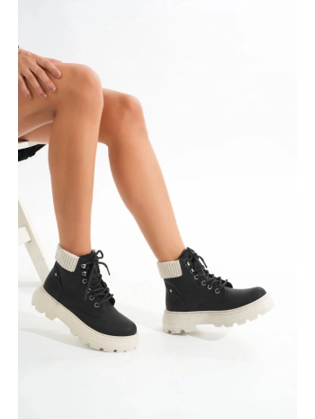 LMÇ-2045 Siyah-Bej Taban Bağcıklı Kalın Taban Kadın Günlük Bot