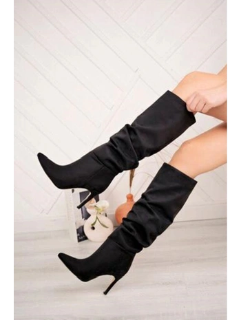 SYT-2003 Siyah Süet Körüklü İnce Topuklu Günlük Bayan Çizme