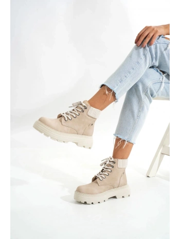 LMÇ-2045 Bej Süet Bağcıklı Kalın Taban Kadın Günlük Bot
